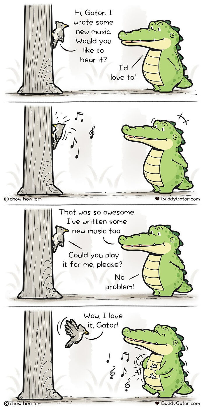 Buddy Gator enjoys music from a woodpecker, then plays his own with the bird praising him.