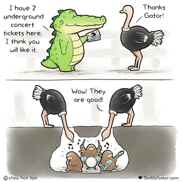 Buddy Gator gives concert tickets to an ostrich, they watch moles play music underground.