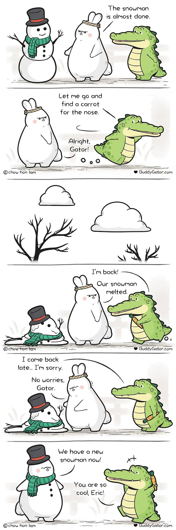 Buddy Gator, the caring alligator, helps a bunny build a snowman, showcasing friendship and kindness in a comic strip.