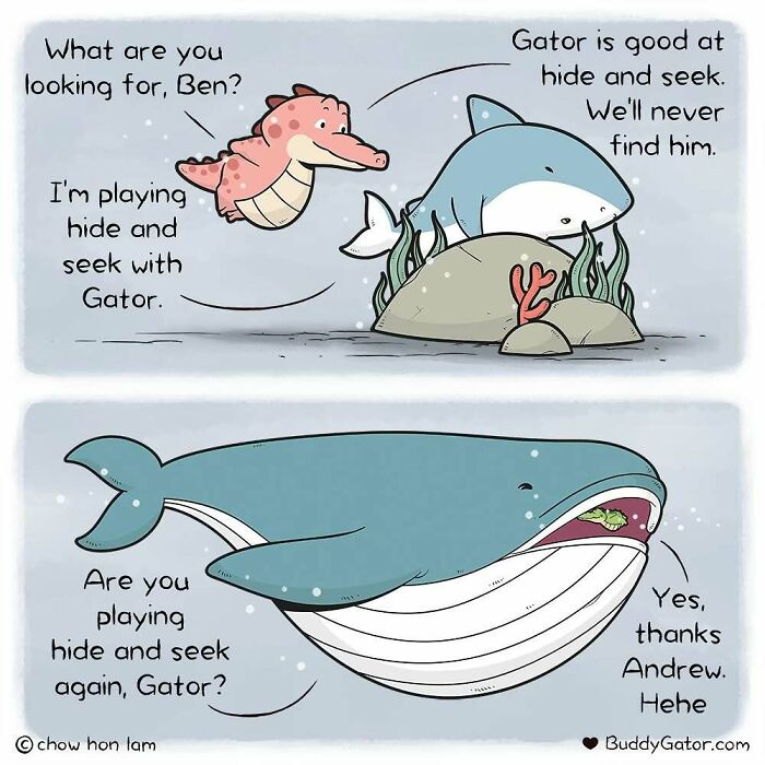 Caring alligator Buddy Gator and friends play a cute game of hide and seek underwater.