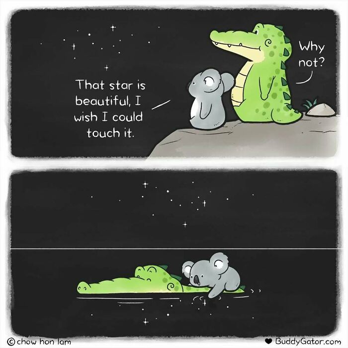 Buddy Gator helps a koala reach for a star in a heartwarming comic by Chow Hon Lam.