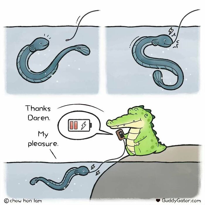 Buddy Gator helps an eel recharge, illustrating a caring act in Chow Hon Lam's comic.