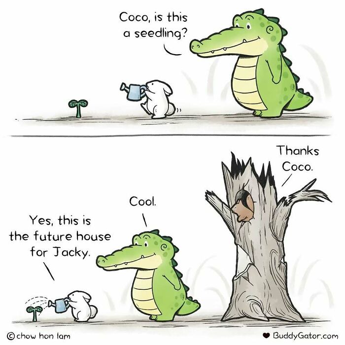 Buddy Gator comic by Chow Hon Lam: a rabbit and gator discuss a seedling's future as a birdhouse.