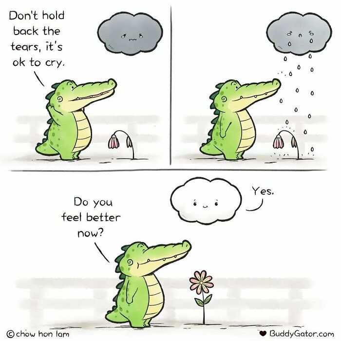 Buddy Gator comforts a sad cloud, helping it cry, and a flower blooms.