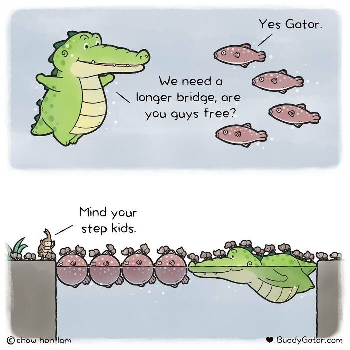 Buddy Gator forms a bridge with fish to help small animals cross safely.