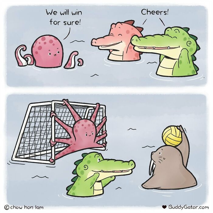 Buddy Gator comic: an octopus, alligator, and walrus play water polo with enthusiasm and teamwork.
