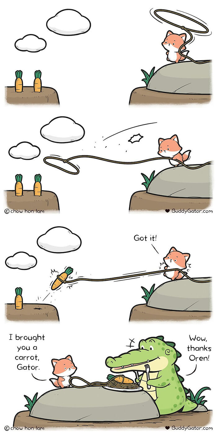 Fox helps Buddy Gator by lassoing a carrot with a rope and bringing it to him.
