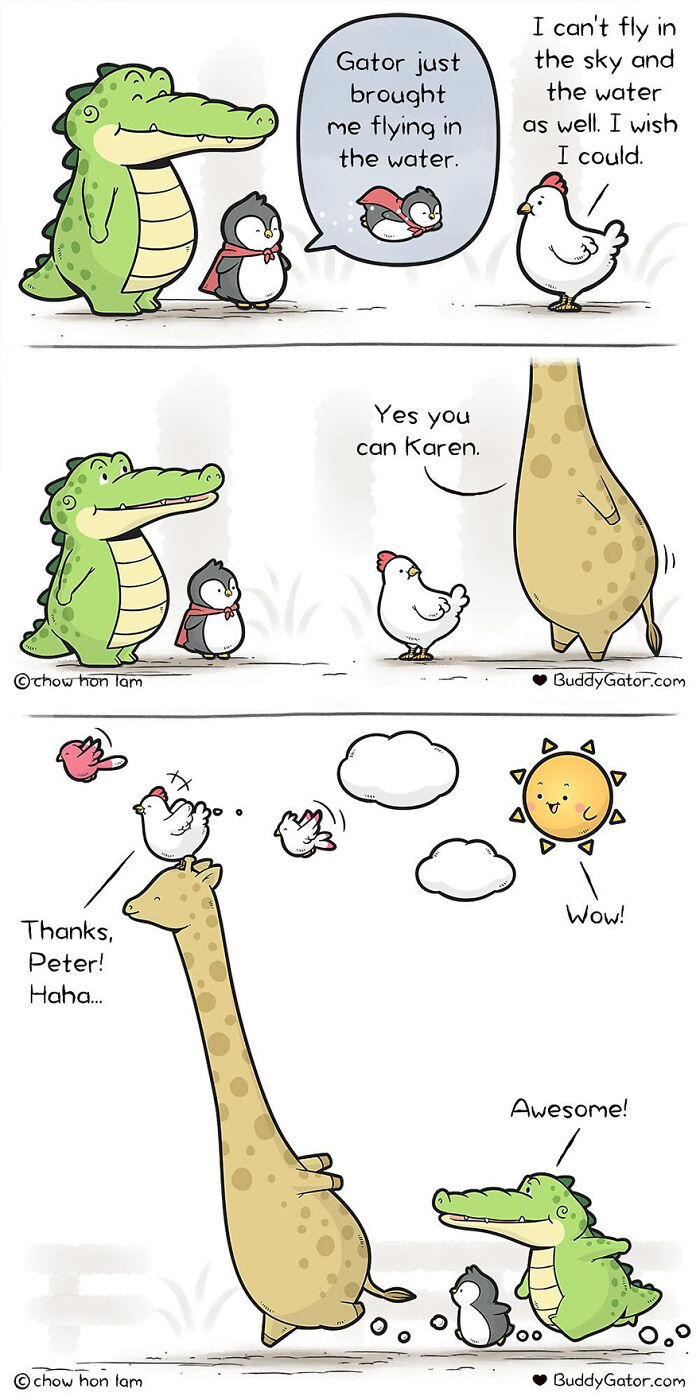 Buddy Gator comic by Chow Hon Lam shows an alligator, penguin, and chicken learning to fly with a giraffe's help.