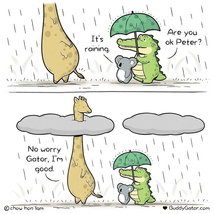 Buddy Gator holding an umbrella for a koala in the rain, while a giraffe uses a cloud as cover.