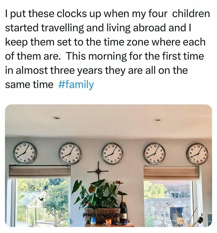 Four clocks synchronized on a wall, a humorous reflection on family time zones.
