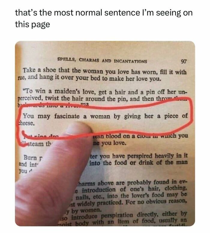 Humorous random meme with highlighted text about fascinating a woman with cheese.