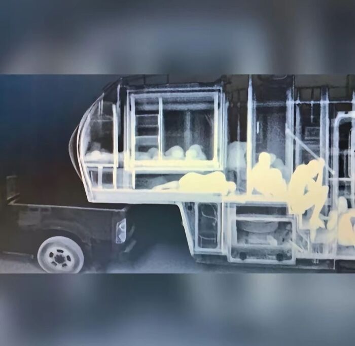 X-ray image of a truck revealing people hidden inside, illustrating the strange nature of the internet.