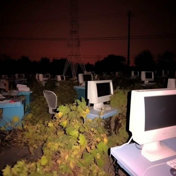 Overgrown liminal space with abandoned computers and desks outside at dusk.