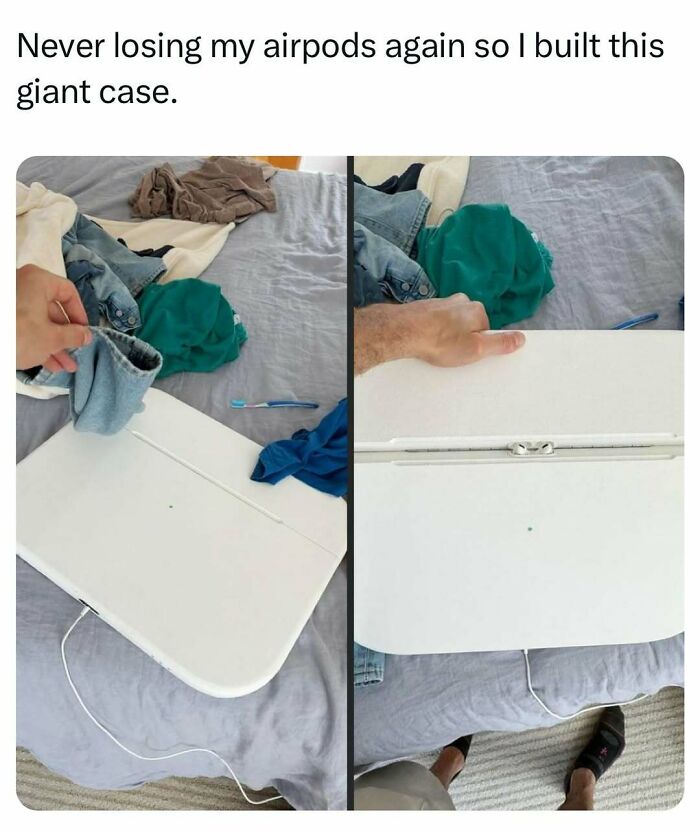 A humorous meme showing a large AirPods case on a messy bed, highlighting typical college confessions.