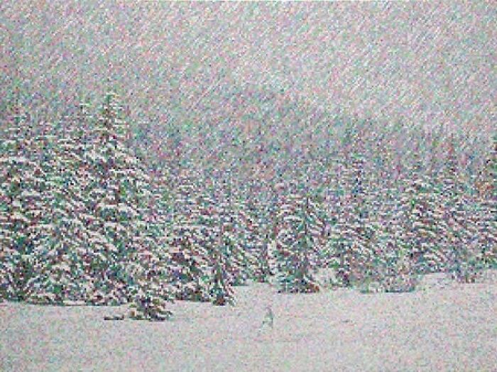 Dan Hays pinta paisajes en baja resolución píxel a píxel. Esta pintura se llama «Colorado Snow Effect 4» (2007)