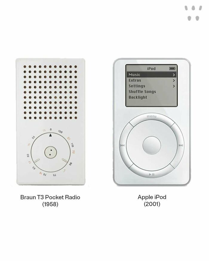 Braun T3 pocket radio and Apple iPod together, highlighting the strange evolution of technology design.