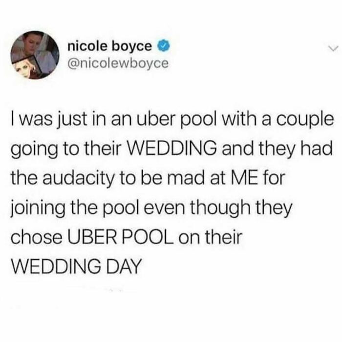 A hilariously random meme about a couple using Uber Pool for their wedding day.