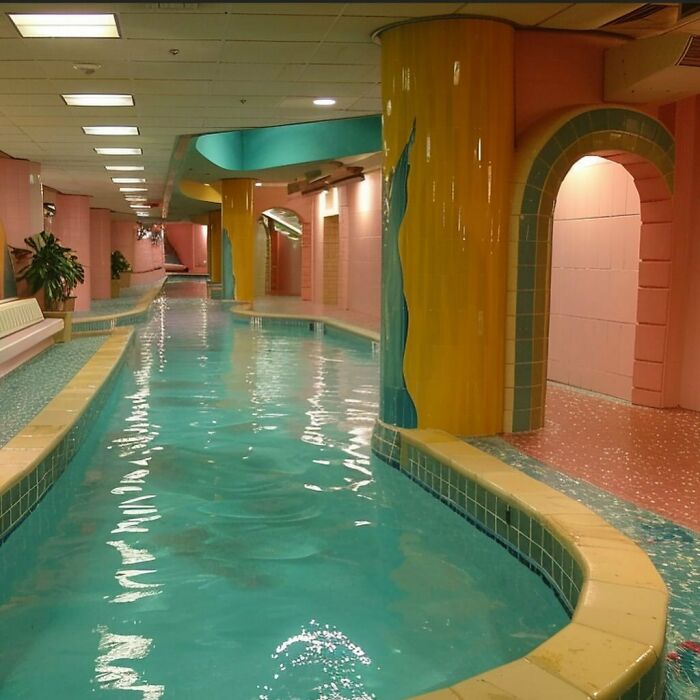 Indoor pool with vivid pink and yellow pillars, exemplifying a liminal space with an unsettlingly empty atmosphere.
