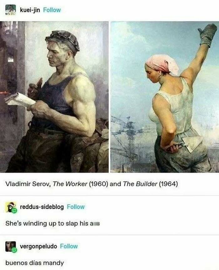 Two paintings: a male worker reading, a female builder gesturing. Humorous Tumblr comments below highlight Tumblr’s "ugly side."