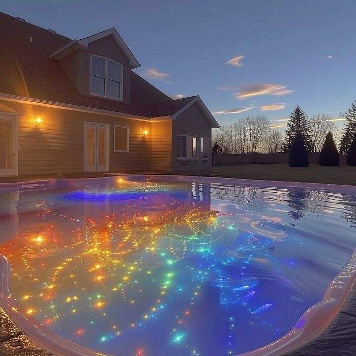 Liminal space with glowing pool at dusk, reflecting colorful lights beside a house.