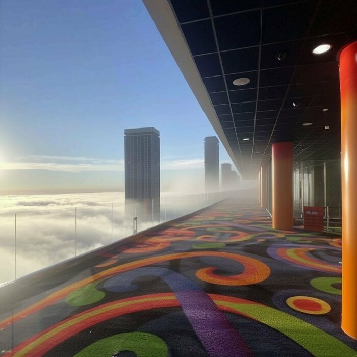 Liminal space in a high-rise corridor with colorful carpet, surrounded by fog and skyscrapers in the background.