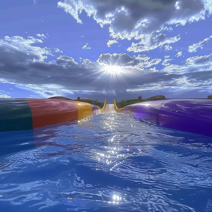 A serene liminal space featuring empty water slides under a bright, partly cloudy sky.