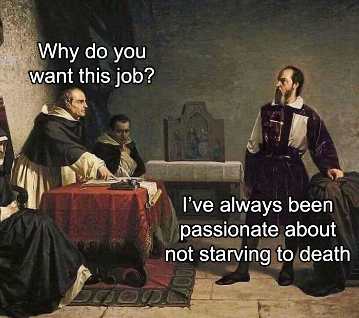 A historical painting meme satirizing anti-capitalism with a job interview scene.