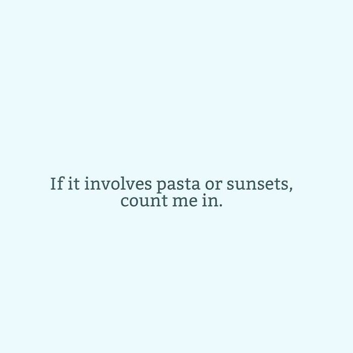 Text meme about pasta and sunsets from Women Behaving Badly.