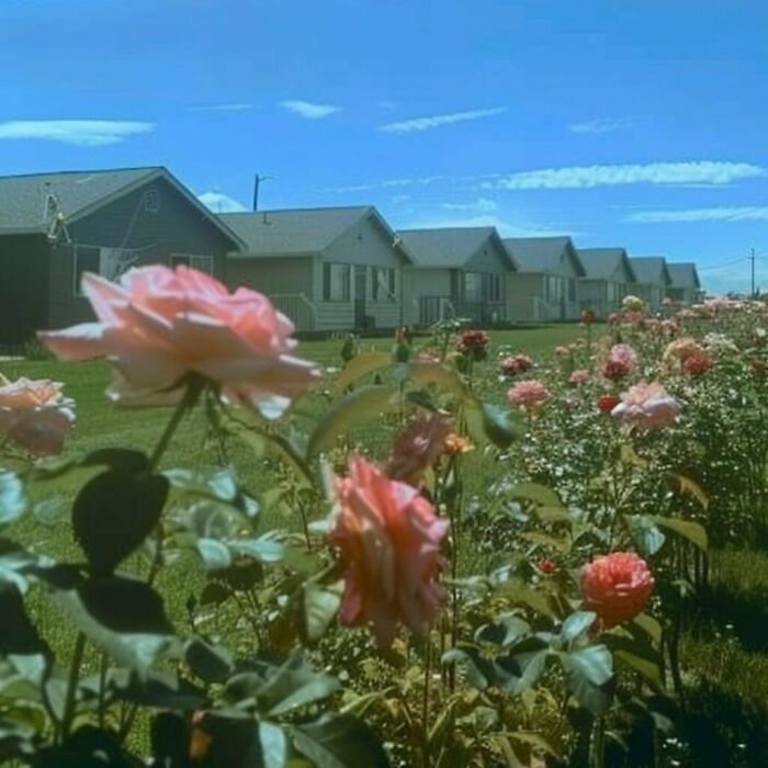 Rows of suburban houses with pink roses in foreground under a clear blue sky, evoking lonely liminal spaces.
