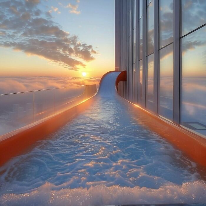 Sky-high liminal space of a water slide merging into clouds during sunset.