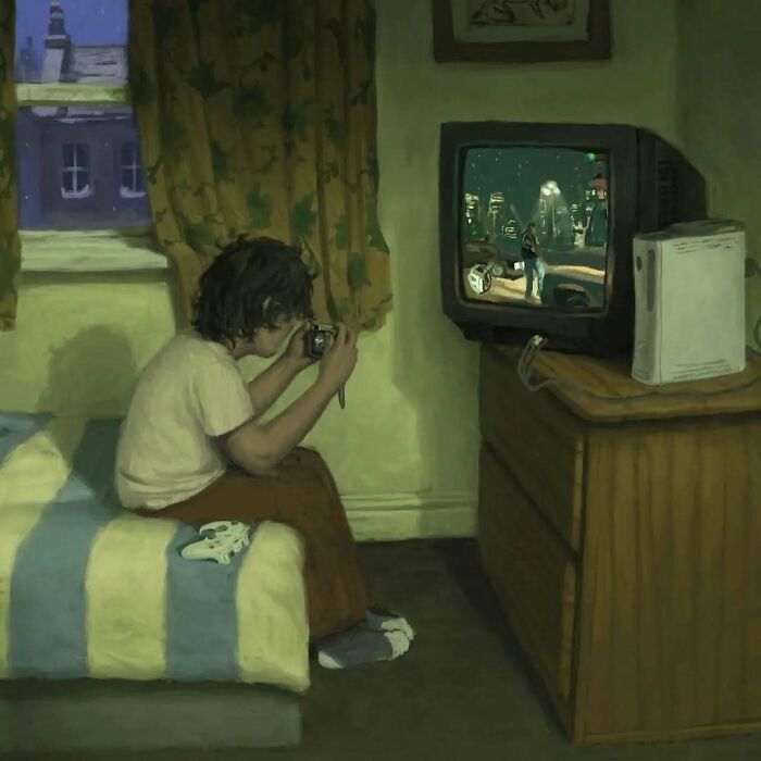 Child photographing a video game on a TV screen, illustrating the internet's strange place.