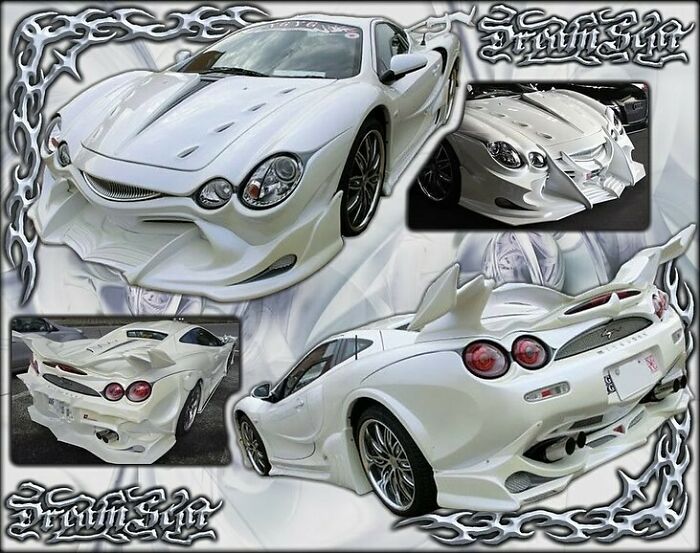 Collage of customized white sports car with elaborate modifications, showcasing the internet's strange creativity.