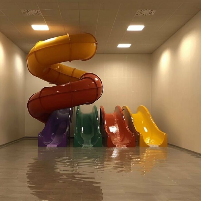 Multicolored slides in an empty room with reflective water, exemplifying eerie liminal spaces.