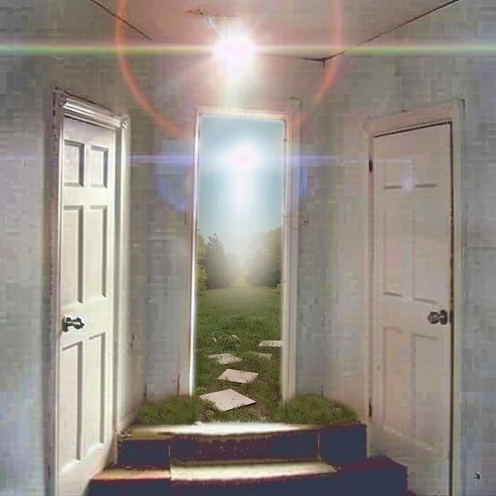 Liminal space with two doors and a third opening to a sunlit garden path.