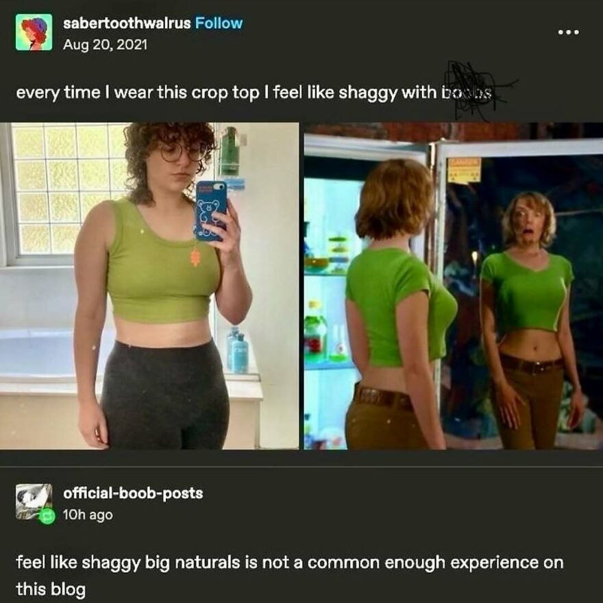 Person in green crop top, mirroring movie character outfit in funny puncrastination meme.