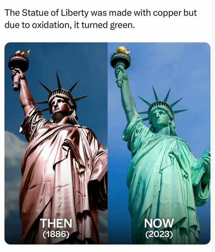 Statue of Liberty comparison showing copper and oxidized green states, representing interesting historical facts.