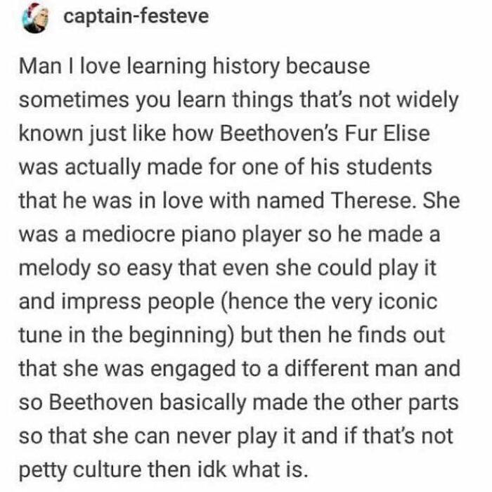 Tumblr post humorously revealing the story behind Beethoven's Für Elise, showcasing the platform's quirky side.