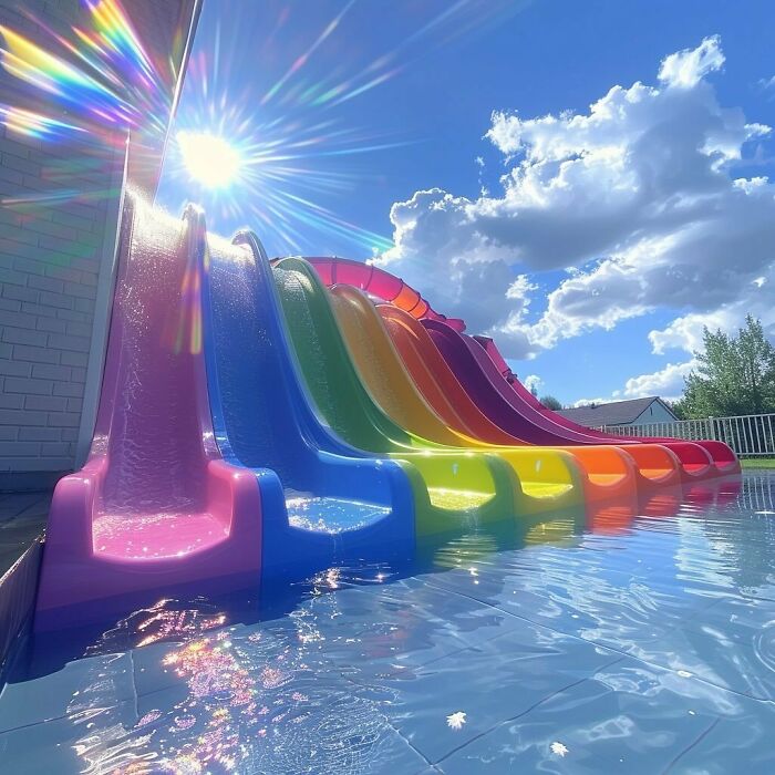 Colorful rainbow slides reflecting sunlight in a watery liminal space under a bright blue sky.