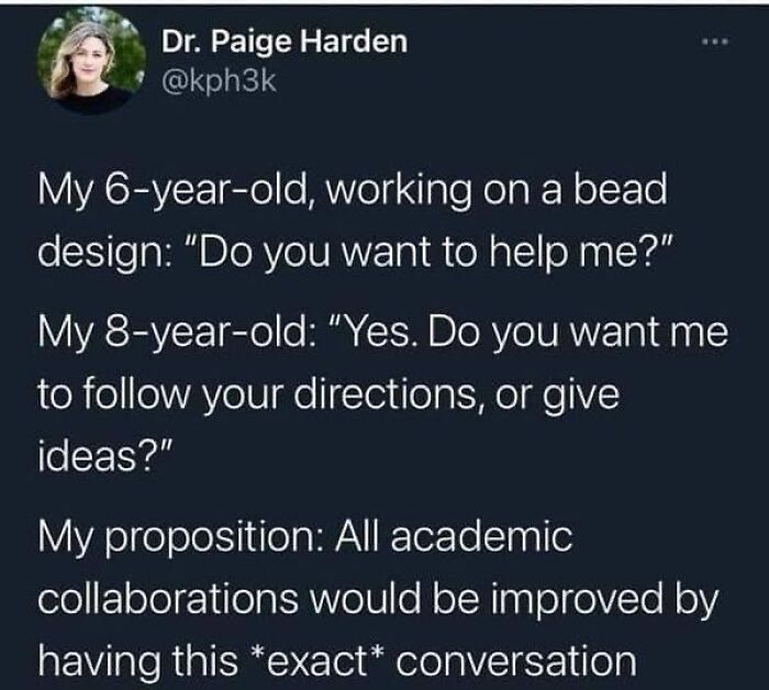 Text post humorously highlighting kids' thoughtful dialogue on collaboration.