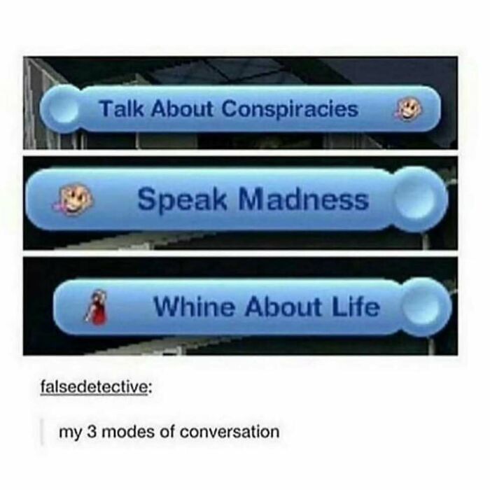 Three humorous conversation modes highlighted: talk about conspiracies, speak madness, whine about life. Wild and funny post.