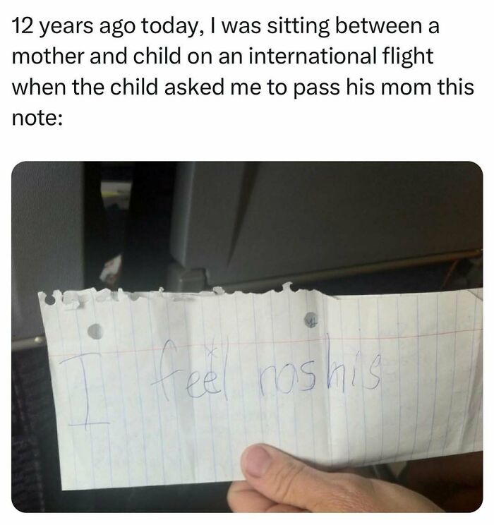 A funny random meme showing a handwritten note on a plane, saying "I feel rashis."