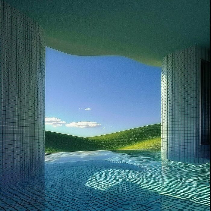 Liminal space featuring a tiled infinity pool with a view of rolling hills and a clear blue sky.