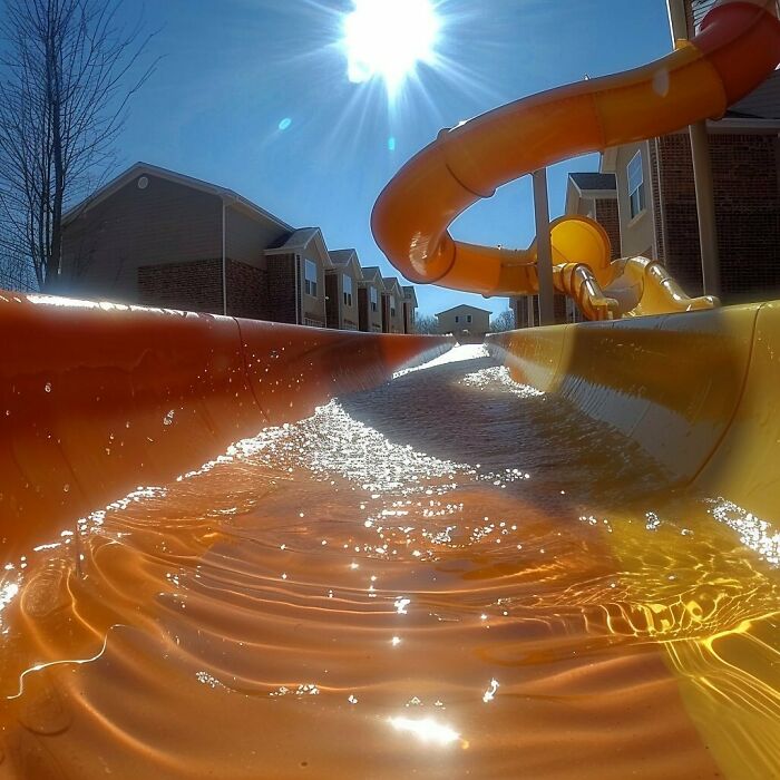 Liminal space of an empty orange water slide under the sun with apartment buildings nearby.