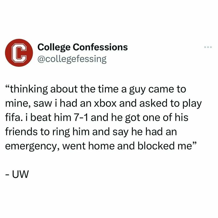 Instagram College Confessions meme about a gaming loss leading to a sudden exit and block.
