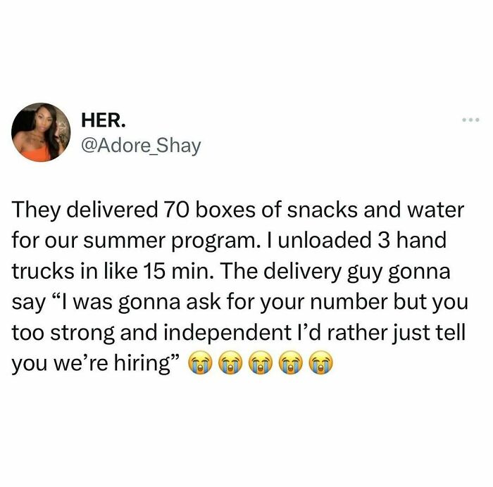 Tweet meme about unloading snacks, featuring a humorous delivery guy comment, adding to the hilariously random memes.