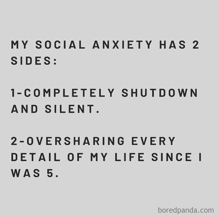 Text meme about social anxiety with two contrasting behaviors shared by Women Behaving Badly.
