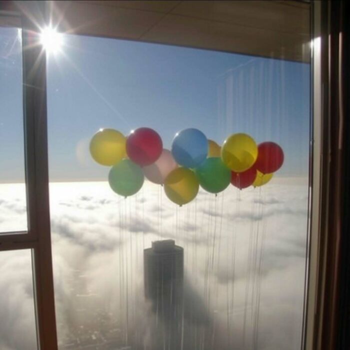 Balloons floating outside a window create a surreal liminal space above the city clouds.