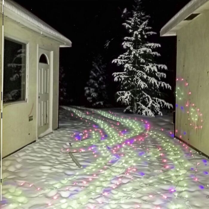Snowy liminal space at night, with colorful lights and trees, creating an eerie, isolated atmosphere.