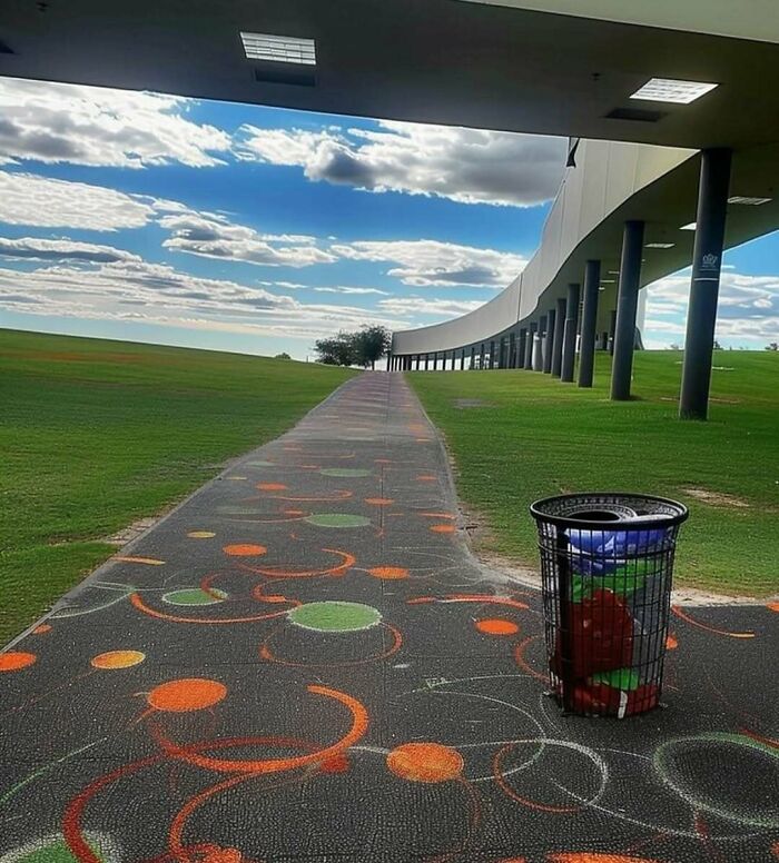 Colorful path under a curved walkway, showcasing liminal spaces with a solitary trash can and expansive sky.