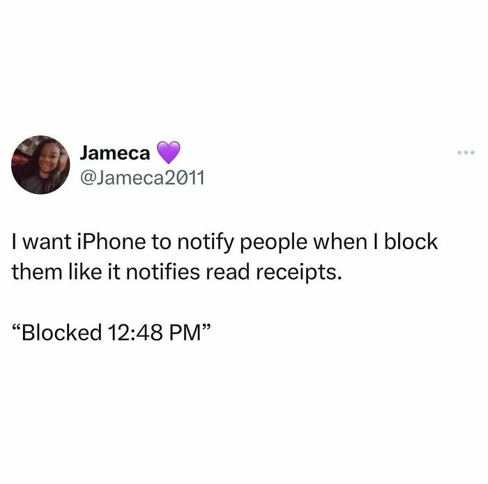 Tweet about iPhone notifications, suggesting a block alert similar to read receipts. Random meme for winter blues laughter.